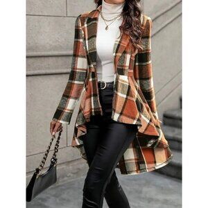 Elegant Plaid Pattern Open Front Jacket - Peplum Hem